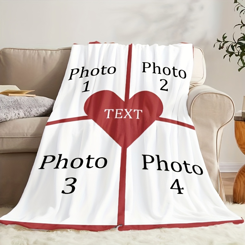 Personalized Photo Heart Pattern Flannel Blanket - Gift for Family